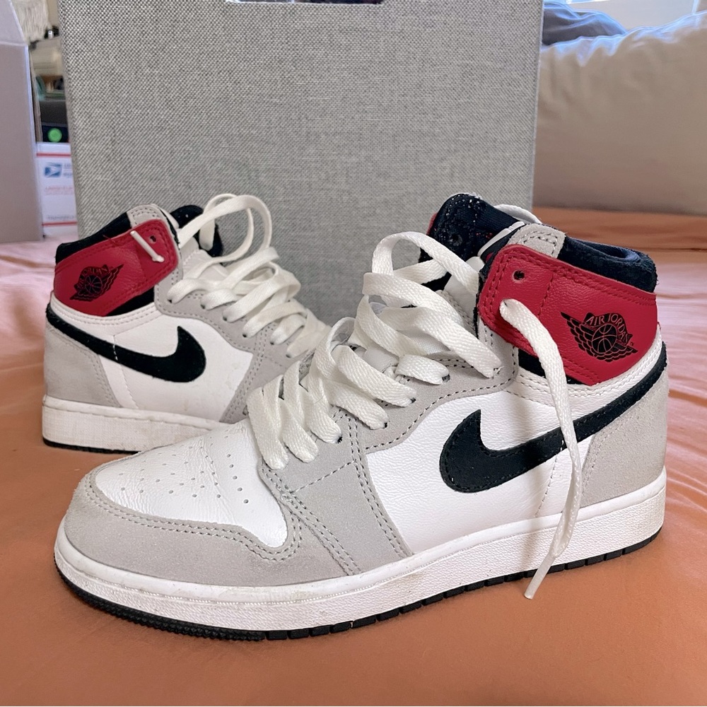 NIKE Air Jordan 1 Retro High Sneakers- Smoke Grey/Red/White Colorway